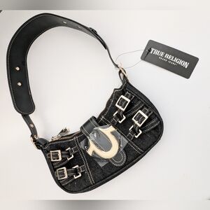 NWT True Religion Black Denim Shoulder Bag/Purse with Gold Buckle and Accents